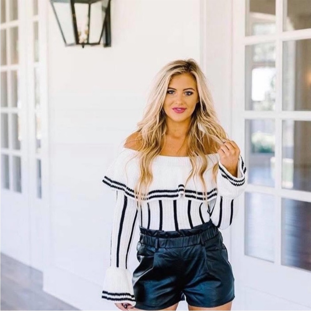Off-Shoulder Striped Sweater - White and Black